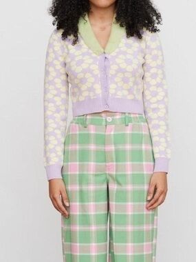 Lazy Oaf Lavender Floral Cardigan with Pale Lime Fur Collar